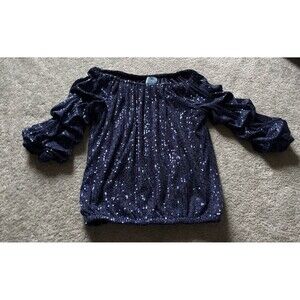 CeCe Sequin Lantern Sleeve Blouse Navy Blue Size XS Holiday Party